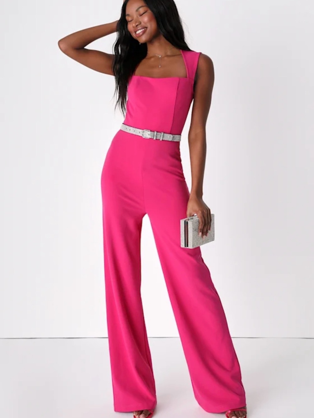 Pink Square-Neck Lulu’s Wide-Leg Jumpsuit